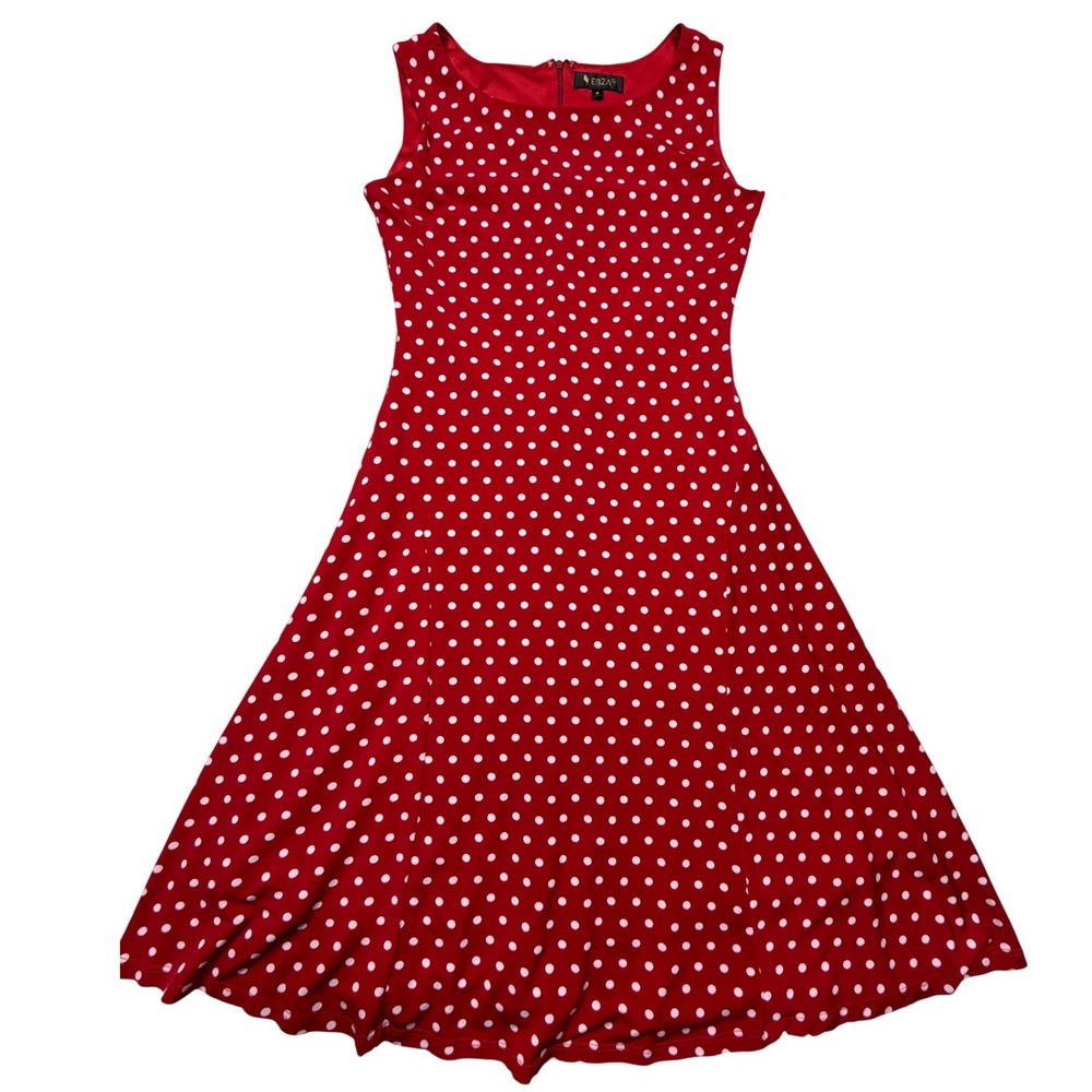 Vintage 90s Red Polka Dot Fit and Flare Rockabilly Swing Dress S Midi